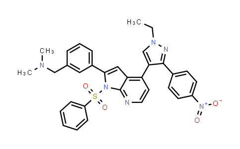 CAS No. 942920-68-5, 1-(3-(4-(1-Ethyl-3-(4-nitrophenyl)-1H-pyrazol-4-yl)-1-(phenylsulfonyl)-1H-pyrrolo[2,3-b]pyridin-2-yl)phenyl)-N,N-dimethylmethanamine