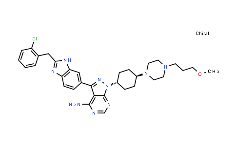 CAS No. 943972-07-4, 1H-Pyrazolo[3,4-d]pyrimidin-4-amine, 3-[2-[(2-chlorophenyl)methyl]-1H-benzimidazol-6-yl]-1-[trans-4-[4-(3-methoxypropyl)-1-piperazinyl]cyclohexyl]-