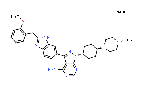 CAS No. 943973-86-2, 1H-Pyrazolo[3,4-d]pyrimidin-4-amine, 3-[2-[(2-methoxyphenyl)methyl]-1H-benzimidazol-6-yl]-1-[trans-4-(4-methyl-1-piperazinyl)cyclohexyl]-