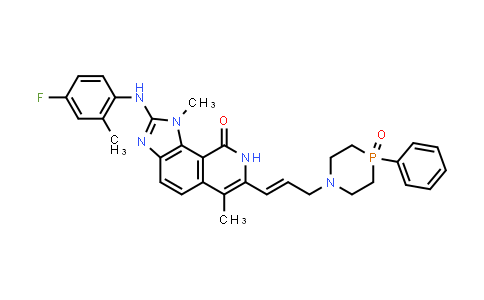 CAS No. 945524-14-1, 9H-Imidazo[4,5-h]isoquinolin-9-one, 2-[(4-fluoro-2-methylphenyl)amino]-1,8-dihydro-1,6-dimethyl-7-[3-(tetrahydro-4-oxido-4-phenyl-1,4-azaphosphorin-1(2H)-yl)-1-propen-1-yl]-