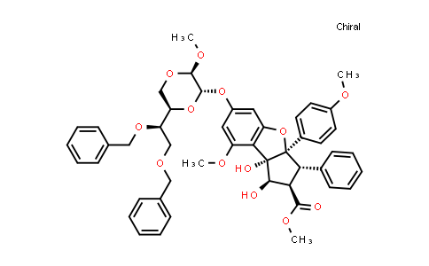 CAS No. 960365-79-1, 1H-Cyclopenta[b]benzofuran-2-carboxylic acid, 6-[[(2S,3R,6R)-6-[(1R)-1,2-bis(phenylmethoxy)ethyl]-3-methoxy-1,4-dioxan-2-yl]oxy]-2,3,3a,8b-tetrahydro-1,8b-dihydroxy-8-methoxy-3a-(4-methoxyphenyl)-3-phenyl-, methyl ester, (1R,2R,3S,3aR,8bS)-