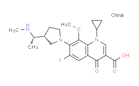 CAS No. 143383-65-7, 1-Cyclopropyl-6-fluoro-8-methoxy-7-((R)-3-((S)-1-(methylamino)ethyl)pyrrolidin-1-yl)-4-oxo-1,4-dihydroquinoline-3-carboxylic acid