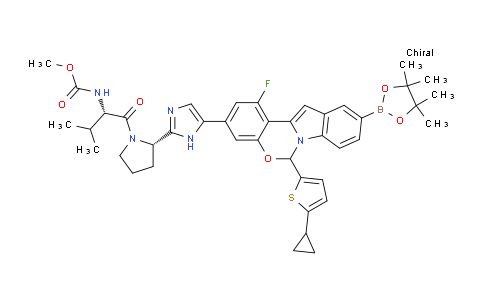 CAS No. 1620454-56-9, Methyl ((2S)-1-((2S)-2-(5-(6-(5-cyclopropylthiophen-2-yl)-1-fluoro-10-(4,4,5,5-tetramethyl-1,3,2-dioxaborolan-2-yl)-6H-benzo[5,6][1,3]oxazino[3,4-a]indol-3-yl)-1H-imidazol-2-yl)pyrrolidin-1-yl)-3-methyl-1-oxobutan-2-yl)carbamate