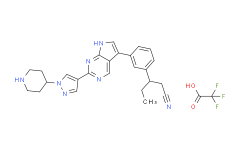 CAS No. 1956379-58-0, 3-(3-(2-(1-(Piperidin-4-yl)-1H-pyrazol-4-yl)-7H-pyrrolo[2,3-d]pyrimidin-5-yl)phenyl)pentanenitrile 2,2,2-trifluoroacetate