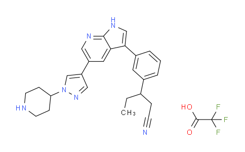 CAS No. 1956377-79-9, 3-(3-(5-(1-(Piperidin-4-yl)-1H-pyrazol-4-yl)-1H-pyrrolo[2,3-b]pyridin-3-yl)phenyl)pentanenitrile 2,2,2-trifluoroacetate