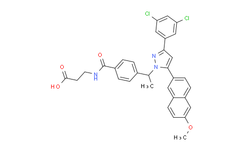 CAS No. 870824-60-5, 3-(4-(1-(3-(3,5-Dichlorophenyl)-5-(6-methoxynaphthalen-2-yl)-1H-pyrazol-1-yl)ethyl)benzamido)propanoic acid