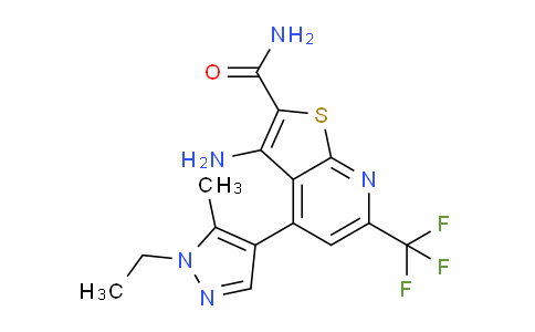 CAS No. 1005566-12-0, 3-Amino-4-(1-ethyl-5-methyl-1H-pyrazol-4-yl)-6-(trifluoromethyl)thieno[2,3-b]pyridine-2-carboxamide