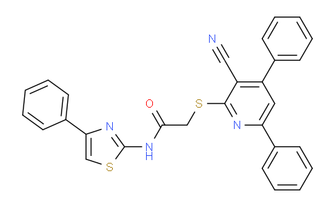 CAS No. 332859-73-1, 2-((3-Cyano-4,6-diphenylpyridin-2-yl)thio)-N-(4-phenylthiazol-2-yl)acetamide