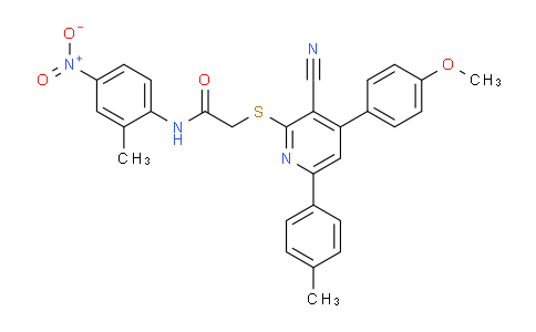 CAS No. 332100-73-9, 2-((3-Cyano-4-(4-methoxyphenyl)-6-(p-tolyl)pyridin-2-yl)thio)-N-(2-methyl-4-nitrophenyl)acetamide