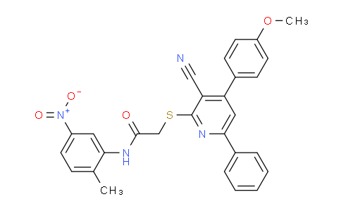 CAS No. 332018-82-3, 2-((3-Cyano-4-(4-methoxyphenyl)-6-phenylpyridin-2-yl)thio)-N-(2-methyl-5-nitrophenyl)acetamide