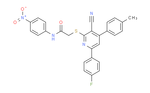 DY653428 | 332358-42-6 | 2-((3-Cyano-6-(4-fluorophenyl)-4-(p-tolyl)pyridin-2-yl)thio)-N-(4-nitrophenyl)acetamide