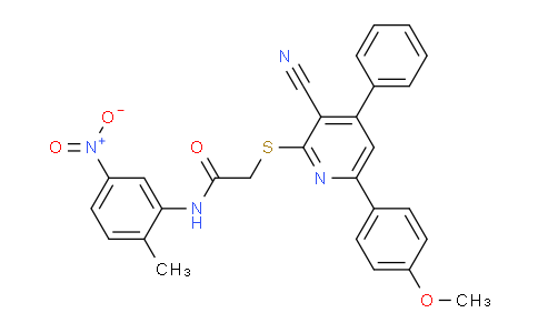 CAS No. 332175-65-2, 2-((3-Cyano-6-(4-methoxyphenyl)-4-phenylpyridin-2-yl)thio)-N-(2-methyl-5-nitrophenyl)acetamide