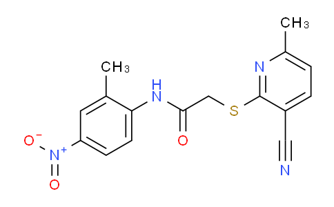 CAS No. 332177-09-0, 2-((3-Cyano-6-methylpyridin-2-yl)thio)-N-(2-methyl-4-nitrophenyl)acetamide