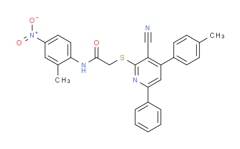 CAS No. 332128-06-0, 2-((3-Cyano-6-phenyl-4-(p-tolyl)pyridin-2-yl)thio)-N-(2-methyl-4-nitrophenyl)acetamide