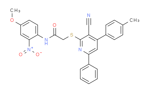 CAS No. 332161-76-9, 2-((3-Cyano-6-phenyl-4-(p-tolyl)pyridin-2-yl)thio)-N-(4-methoxy-2-nitrophenyl)acetamide