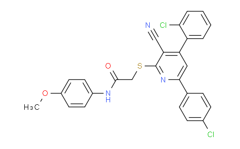 CAS No. 337936-16-0, 2-((4-(2-Chlorophenyl)-6-(4-chlorophenyl)-3-cyanopyridin-2-yl)thio)-N-(4-methoxyphenyl)acetamide