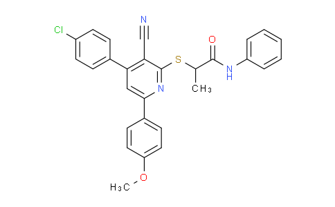 CAS No. 444157-50-0, 2-((4-(4-Chlorophenyl)-3-cyano-6-(4-methoxyphenyl)pyridin-2-yl)thio)-N-phenylpropanamide