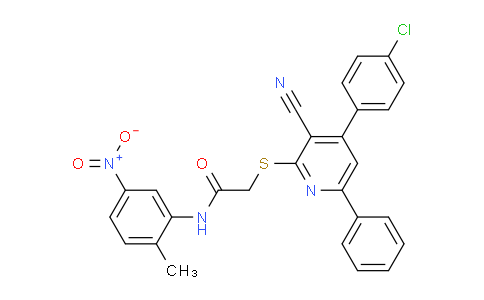 CAS No. 337489-29-9, 2-((4-(4-Chlorophenyl)-3-cyano-6-phenylpyridin-2-yl)thio)-N-(2-methyl-5-nitrophenyl)acetamide