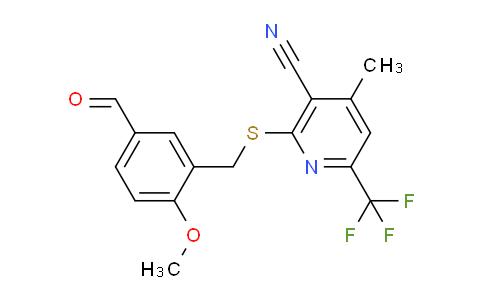 CAS No. 514856-37-2, 2-((5-Formyl-2-methoxybenzyl)thio)-4-methyl-6-(trifluoromethyl)nicotinonitrile