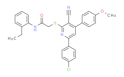 CAS No. 332127-93-2, 2-((6-(4-Chlorophenyl)-3-cyano-4-(4-methoxyphenyl)pyridin-2-yl)thio)-N-(2-ethylphenyl)acetamide