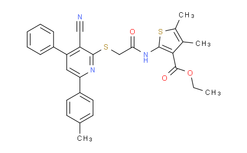 CAS No. 332053-33-5, Ethyl 2-(2-((3-cyano-4-phenyl-6-(p-tolyl)pyridin-2-yl)thio)acetamido)-4,5-dimethylthiophene-3-carboxylate