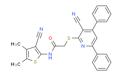 CAS No. 444152-01-6, N-(3-Cyano-4,5-dimethylthiophen-2-yl)-2-((3-cyano-4,6-diphenylpyridin-2-yl)thio)acetamide