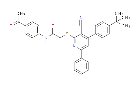 CAS No. 332128-22-0, N-(4-Acetylphenyl)-2-((4-(4-(tert-butyl)phenyl)-3-cyano-6-phenylpyridin-2-yl)thio)acetamide
