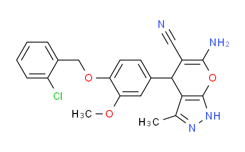 CAS No. 337499-07-7, 6-Amino-4-(4-((2-chlorobenzyl)oxy)-3-methoxyphenyl)-3-methyl-1,4-dihydropyrano[2,3-c]pyrazole-5-carbonitrile