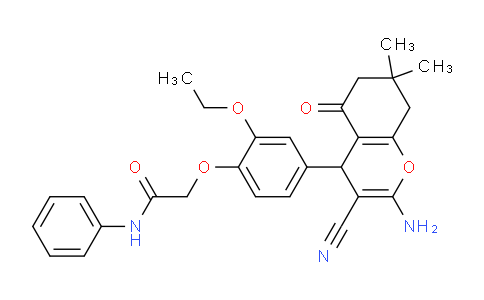 CAS No. 332053-41-5, 2-(4-(2-Amino-3-cyano-7,7-dimethyl-5-oxo-5,6,7,8-tetrahydro-4H-chromen-4-yl)-2-ethoxyphenoxy)-N-phenylacetamide