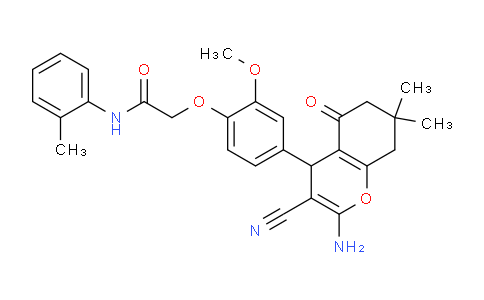 CAS No. 352435-31-5, 2-(4-(2-Amino-3-cyano-7,7-dimethyl-5-oxo-5,6,7,8-tetrahydro-4H-chromen-4-yl)-2-methoxyphenoxy)-N-(o-tolyl)acetamide
