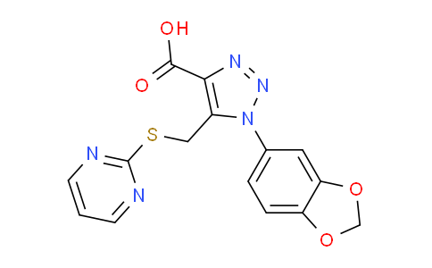 CAS No. 1416346-84-3, 1-(Benzo[d][1,3]dioxol-5-yl)-5-((pyrimidin-2-ylthio)methyl)-1H-1,2,3-triazole-4-carboxylic acid