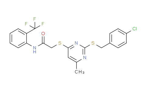 CAS No. 917561-79-6, 2-((2-((4-Chlorobenzyl)thio)-6-methylpyrimidin-4-yl)thio)-N-(2-(trifluoromethyl)phenyl)acetamide