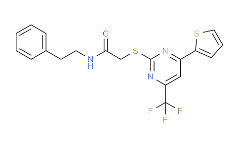 CAS No. 505056-71-3, N-Phenethyl-2-((4-(thiophen-2-yl)-6-(trifluoromethyl)pyrimidin-2-yl)thio)acetamide