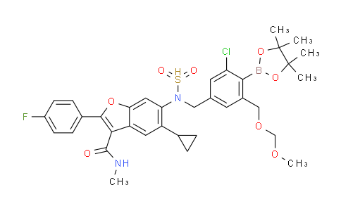 CAS No. 1423008-52-9, 6-(N-(3-Chloro-5-((methoxymethoxy)methyl)-4-(4,4,5,5-tetramethyl-1,3,2-dioxaborolan-2-yl)phenyl)methylsulfonamido)-5-cyclopropyl-2-(4-fluorophenyl)-N-methylbenzofuran-3-carboxamide