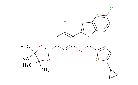 CAS No. 1620454-32-1, 10-Chloro-6-(5-cyclopropylthiophen-2-yl)-1-fluoro-3-(4,4,5,5-tetramethyl-1,3,2-dioxaborolan-2-yl)-6H-benzo[5,6][1,3]oxazino[3,4-a]indole