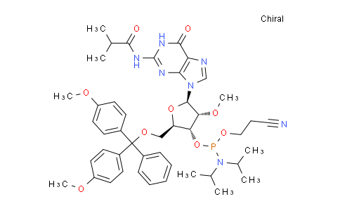 CAS No. 150780-67-9, (2R,3R,4R,5R)-2-((bis(4-methoxyphenyl)(phenyl)methoxy)methyl)-5-(2-isobutyramido-6-oxo-1,6-dihydro-9H-purin-9-yl)-4-methoxytetrahydrofuran-3-yl (2-cyanoethyl) diisopropylphosphoramidite