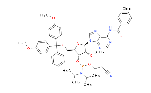 CAS No. 110782-31-5, (2R,3R,4R,5R)-5-(6-Benzamido-9H-purin-9-yl)-2-((bis(4-methoxyphenyl)(phenyl)methoxy)methyl)-4-methoxytetrahydrofuran-3-yl (2-cyanoethyl) diisopropylphosphoramidite