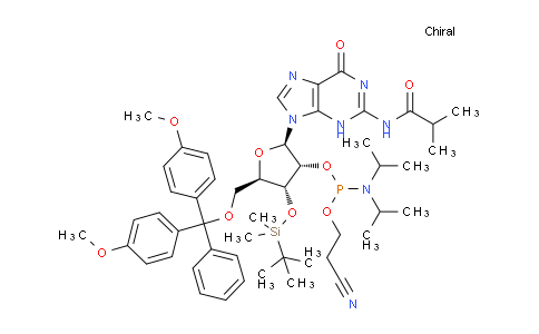 CAS No. 1445905-51-0, (2R,3R,4R,5R)-5-((bis(4-methoxyphenyl)(phenyl)methoxy)methyl)-4-((tert-butyldimethylsilyl)oxy)-2-(2-isobutyramido-6-oxo-1,6-dihydro-9H-purin-9-yl)tetrahydrofuran-3-yl (2-cyanoethyl) diisopropylphosphoramidite