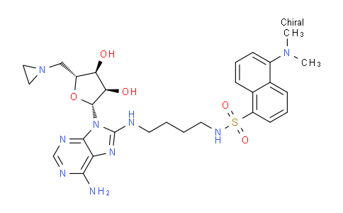 CAS No. 256953-68-1, N-(4-((6-Amino-9-((2R,3R,4S,5R)-5-(aziridin-1-ylmethyl)-3,4-dihydroxytetrahydrofuran-2-yl)-9H-purin-8-yl)amino)butyl)-5-(dimethylamino)naphthalene-1-sulfonamide