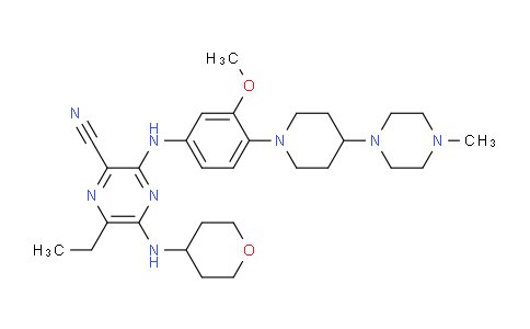 CAS No. 2043019-99-2, 2-Pyrazinecarbonitrile, 6-ethyl-3-[[3-methoxy-4-[4-(4-methyl-1-piperazinyl)-1-piperidinyl]phenyl]amino]-5-[(tetrahydro-2H-pyran-4-yl)amino]-