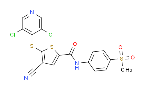 CAS No. 1247825-37-1, 4-cyano-5-((3,5-dichloropyridin-4-yl)thio)-N-(4-(methylsulfonyl)phenyl)thiophene-2-carboxamide