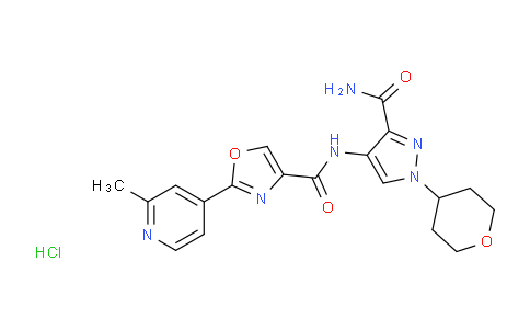 CAS No. 1287665-60-4, N-(3-carbamoyl-1-(tetrahydro-2H-pyran-4-yl)-1H-pyrazol-4-yl)-2-(2-methylpyridin-4-yl)oxazole-4-carboxamide hydrochloride