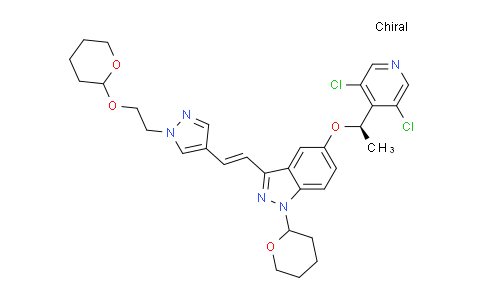 CAS No. 1254473-82-9, 1H-Indazole,5-[(1R)-1-(3,5-dichloro-4-pyridinyl)ethoxy]-1-(tetrahydro-2H-pyran-2-yl)-3-[(1E)-2-[1-[2-[(tetrahydro-2H-pyran-2-yl)oxy]ethyl]-1H-pyrazol-4-yl]ethenyl]-