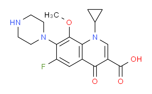 CAS No. 112811-57-1, 1-cyclopropyl-6-fluoro-8-methoxy-4-oxo-7-(piperazin-1-yl)-1,4-dihydroquinoline-3-carboxylic acid