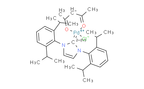 CAS No. 868705-03-7, (2-{1,3-bis[2,6-bis(propan-2-yl)phenyl]-2,3-dihydro-1H-imidazole-2,2-diuid-2-ylidene}-4,6-dimethyl-1λ³,3λ³-dioxa-2-palladacyclohexa-1(6),3-diene-2,2,2,2-tetrakis(ylium)-5-id-2-yl)-λ³-chloranidyl