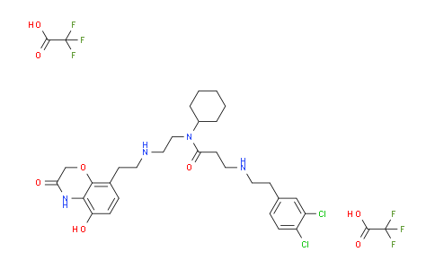 CAS No. 1035227-44-1, N-cyclohexyl-3-((3,4-dichlorophenethyl)amino)-N-(2-((2-(5-hydroxy-3-oxo-3,4-dihydro-2H-benzo[b][1,4]oxazin-8-yl)ethyl)amino)ethyl)propanamide bis(2,2,2-trifluoroacetate)