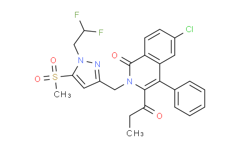 CAS No. 844870-83-3, 6-Chloro-2-((1-(2,2-difluoroethyl)-5-(methylsulfonyl)-1H-pyrazol-3-yl)methyl)-4-phenyl-3-propionylisoquinolin-1(2H)-one