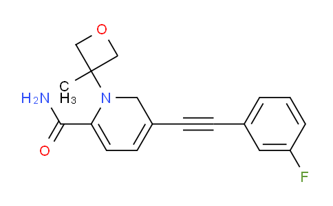 CAS No. 1428630-86-7, 5-[2-(3-fluorophenyl)ethynyl]-N-(3- methyloxetan-3-yl)pyridine- 2-carboxamide