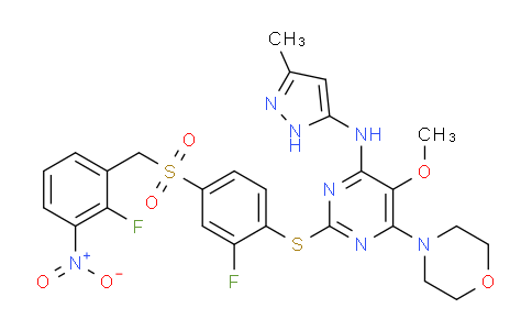 CAS No. 1798871-30-3, 2-((2-fluoro-4-((2-fluoro-3-nitrobenzyl)sulfonyl)phenyl)thio)-5-methoxy-N-(3-methyl-1H-pyrazol-5-yl)-6-morpholinopyrimidin-4-amine