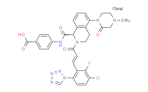 CAS No. 1430114-34-3, (S,E)-4-(2-(3-(3-Chloro-2-fluoro-6-(1H-tetrazol-1- yl)phenyl)acryloyl)-5-(4-methyl-2-oxopiperazin-1-yl)- 1,2,3,4-tetrahydroisoquinoline-1-carboxamido)benzoic acid